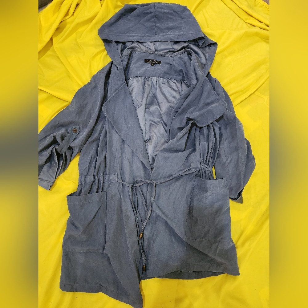 Love Culture Blue Trench Coat with Hood and Zipper